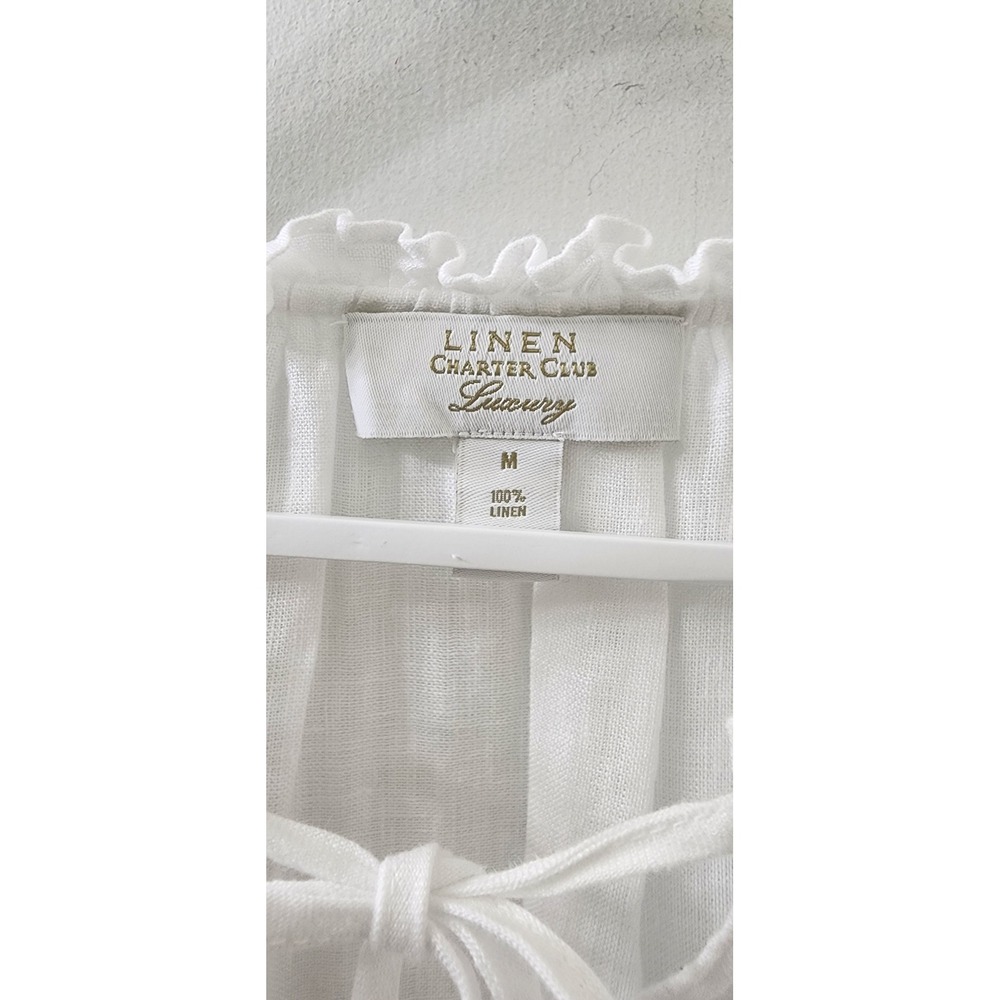 Charter Club Luxury White Linen Embroidered Peasant Blouse Tassel Tie Medium - Picture 3 of 7